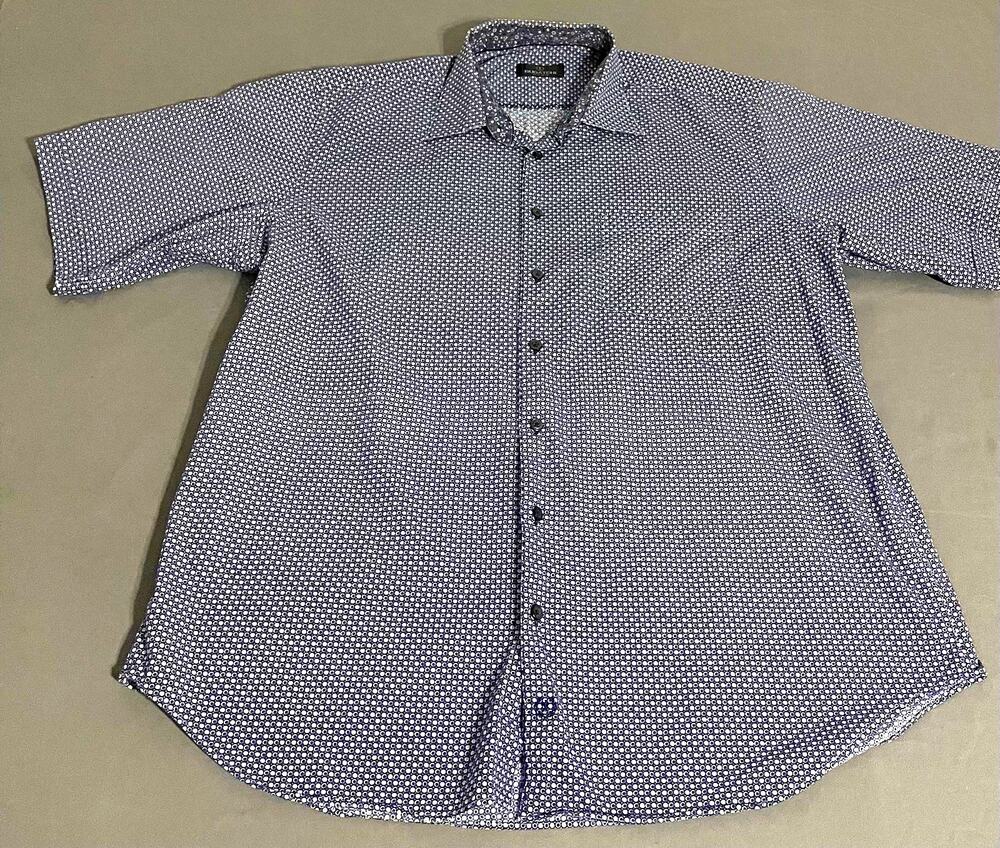 Bugatchi Uomo Men’s XXL Blue White Geometric Long Sleeve Spread Collar Shirt